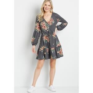 Maurices Floral Cozy Tiered Mini Dress Womens S Faux Wrap Stretchy Boho Rose NWT